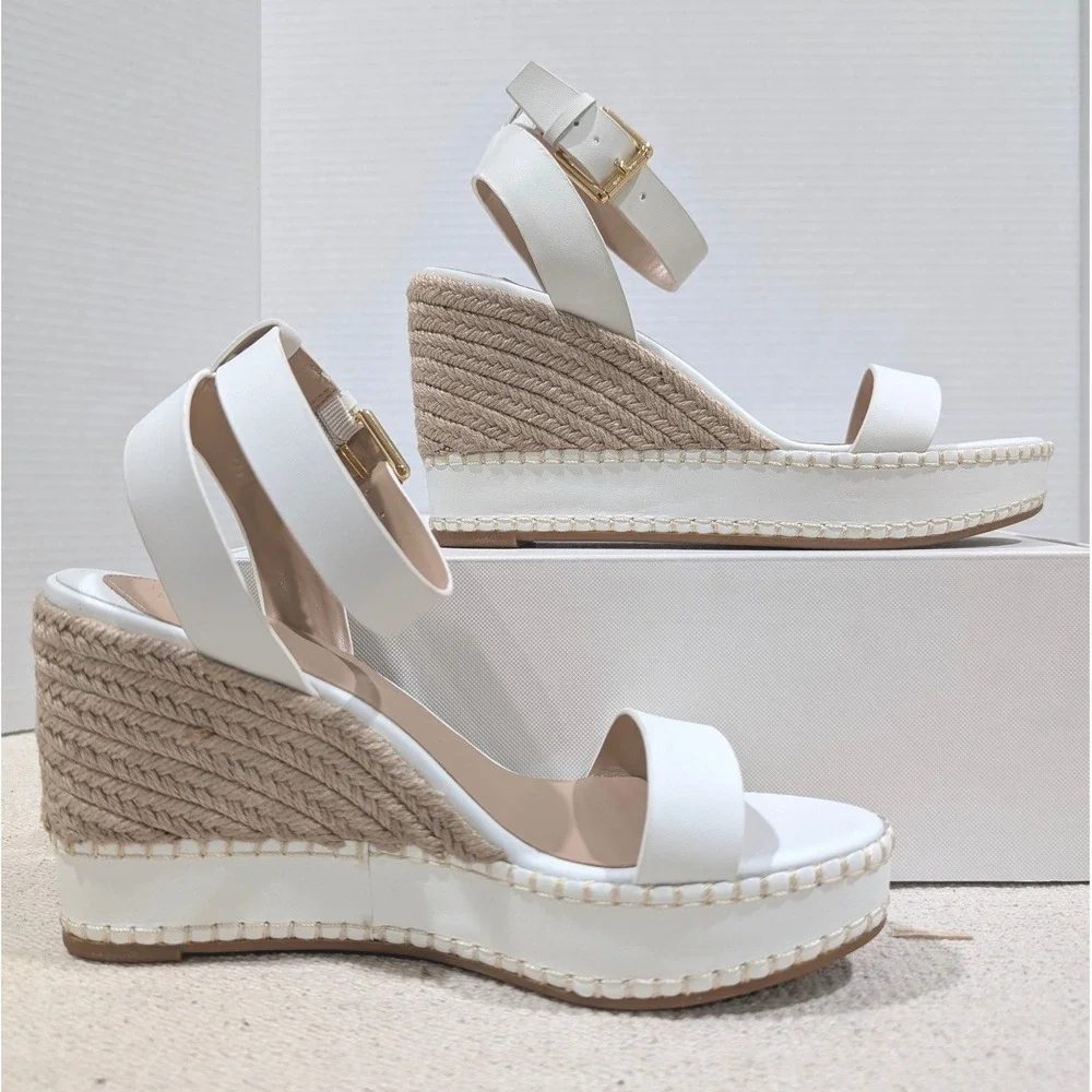 Lauren Ralph Lauren Hilarie White Leather Espadrille‎ Wedge Sandals 9B MSRP $155